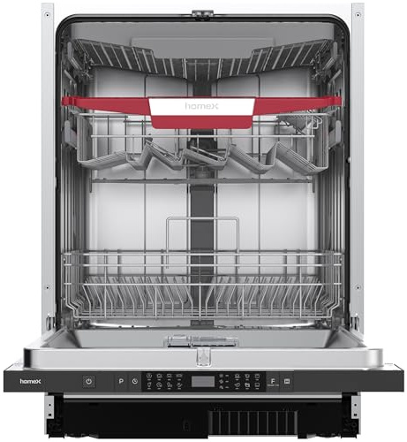 homeX DWFI601444C Geschirrspüler 60 cm Spülmaschine vollintegrierbar EEK C | 14 Maßgedecke, 8 Programme, AquaStop, Besteckschublade, 44 dB, Bodenlicht, AutoDoor, Einbaugeschirrspüler vollintegriert