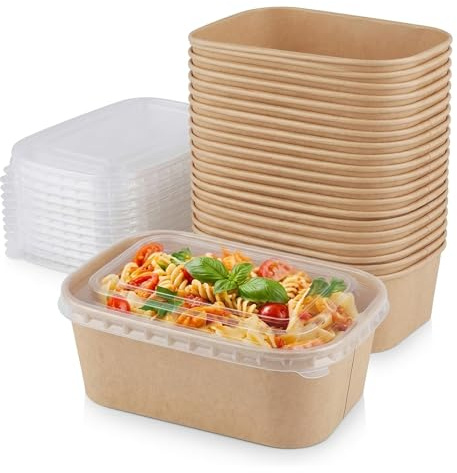 rynli 50pcs Kraft Paper Food Containers with Lids, 750ml Rectangular Takeaway Boxes, Reusable Meal Prep Containers for Food Storage, Takeout, Leftovers,For Catering, Parties, Home and Restaurant