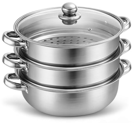 3-lagers ångkokarkruka, 28 cm rostfritt stål ångkokare med ånginsats och glaslock, samtidig ångning, ångkokare för induktion och gasspis för grönsaker, fisk, mantou och ris