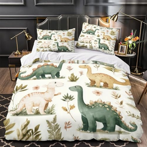 DRVASMXCP Arte Infantil de Dinosaurios Funda de Edredón Suave Diseño 3D 3 Piezas Cremallera Oculta con Fundas de Almohada Lavables Acuarela Vintage Funda Edredon for niños y niñas Single（140x200cm）