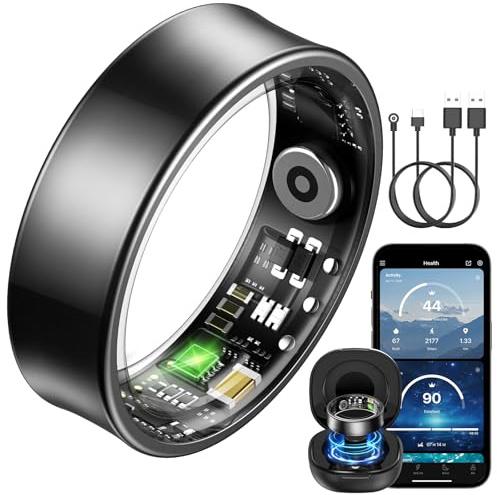 BANLVS Bague Connectée, Boîtier de Recharge Inclus, Smart Ring avec 24/7 Fréquence Cardiaque HRV SpO2 Sommeil Stress, 176 Sport,Étanche IP68, APP sans Abonnement iOS Android, Noir, 55mm (7)