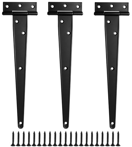 MospdyGear 3 Pack 12 Inch T Strap Hinges, 300mm Heavy Duty Metal Shed Tee Hinges, Black Garden Gate and Barn Door Hinges with 21 Screws