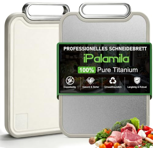 Titan Schneidebrett,Doppelseitiges, reines Titan,rundum rutschfestes Silikon,PP-Rückseite,schnittfester Griff,leicht zu reinigen,Geeignet als Küchen Schneidebrett