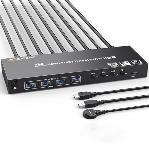 4K@60Hz 2K@120Hz HDMI KVM Switch 1 Monitor 4 Computer, EDID Simulation, 4 Port USB3.0 KVM Switch for 4 Computer Share 1 Monitor and 4 USB3.0 Ports, Include Wired Remote, Power Adapter and 4 USB Cables