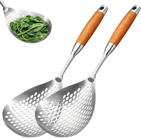 Spatola in acciaio inox con manico in legno, grande cucchiaio scanalato, colino a ragno, mestolo con foro per appenderlo, per cucinare, scolare pasta, friggere olio (2)