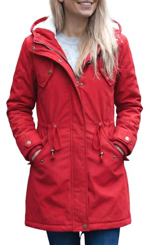 YYNUDA Vinterkappa med huva för kvinnor fleecejacka varm damkappa långärmad parkas rock, Röd, L