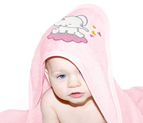 Lashuma Babyhandtuch mit Kapuze, Badetuch Mädchen rosa 75x75 cm, Kinder Handtuch Bestickt Motiv: Elefant
