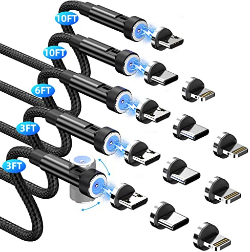 Ankndo Magnetisches Ladekabel [5er-Pack, 3/3/6/10/10FT] 3-in-1 magnetisches Handy-Ladegerät, 360° & 180° drehbar, magnetisches Ladekabel mit LED-Licht, USB C und i-Produkt-Geräte, Schwarz