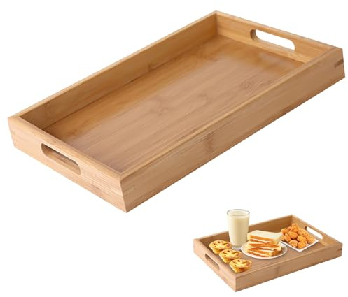 Bamboo Serving Tray Rectangular - Food Tray with Handles, for Breakfast, Dinner, Tea, Coffee, Snack - 38 x 25 x 4cm