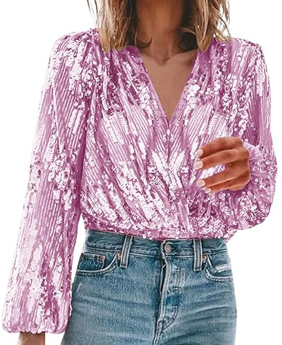 Paljetttoppar för kvinnor UK långärmad V-hals festival glittrande toppar skimmer skjorta glitter topp festival fest klubbblusar enfärgad damer glitter toppar komfort glittrande tröjor, Rosa, L