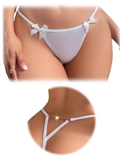 FULLJOYLOVE Sexy G-String Thongs Panties for Women T-back Chain Tanga V-Waist Briefs Bow Low Rise Underwear White M