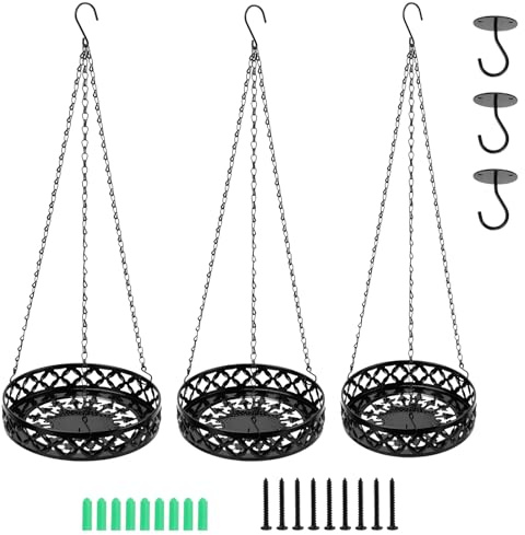 CHUENKUK 3 Stück Metall Hängeblumentöpfe Set, 28/25/22 cm Schwarz HäNgende Pflanzgefäße mit Deckenhaken und Hängekette für Innen- und Außenbereich, PflanzenaufhäNger für Innen und Außen