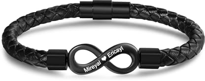 Grovjewfit Bracelet Infini Personnalisé avec 2 Noms Gravés - Cadeau Couple Saint valentin Noël - Homme Cuir Noir & Femme Rhodié Bracelets Réglable