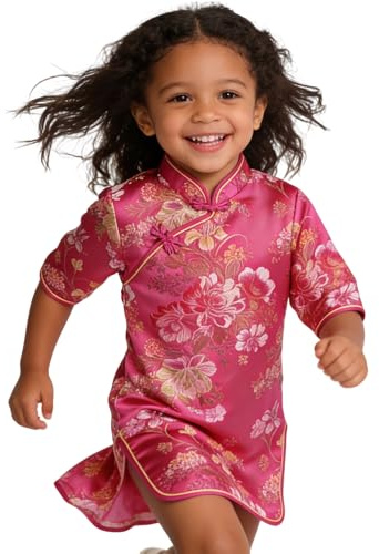 SZCQ Chinese Girls Dress Peony Rose Qipao Half Sleeve Cheongsam Wedding Dresses Princess Birthday Party Costume (Hot Pink,6)