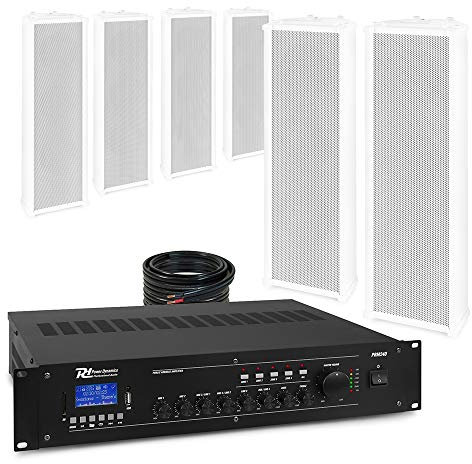Power Dynamics Outdoor Column Speakers PA System with PRM240 4-Zone Mixer Amplifier, IPX4 Weatherproof, Bluetooth, 6x 30W Wall Mounted Speakers for Commercial Audio & Background Music