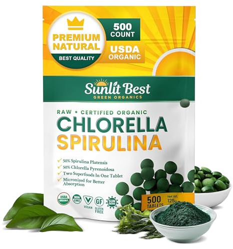 Sunlit Best Chlorella Spirulina Tablets - Organic USDA, Premium Spirulinas and Chlorella Capsules 500 Pills - Chlorellas Natural Superfood with Spirulina Algae, Enzymes Chlorophyll & Vegan Protein