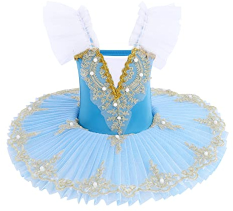 Mädchen Ballettkleid Tutu-Rock, Gymnastik-Tanzkleid und Eiskunstlauf-Trikot, einfarbig Kurze Ärmel mit Tüll-Latein-Ballettrock Ballettkleid Mädchen Tanzkostüm Gymnastik Trikot Tanz Hellblau 5-6 Jahre