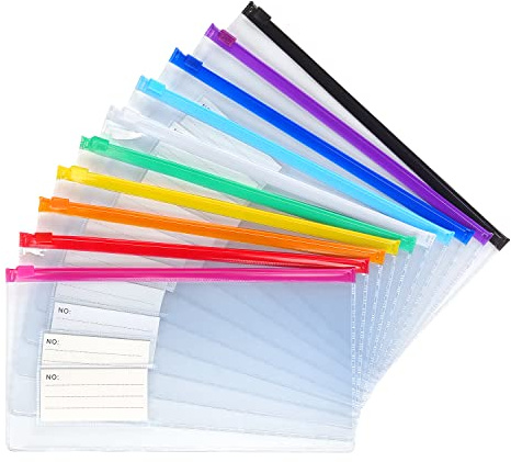 Tamaki 10 Stück Kunststoff-Umschläge mit Reißverschluss, kleine Kunststoff-Umschläge, A6-Größe für Federmäppchen, Geldbeutel, 10 Farben (22,9 x 12,9 cm) | Kunststoffumschläge im A6-Format für Federmäppchen, Geldscheine