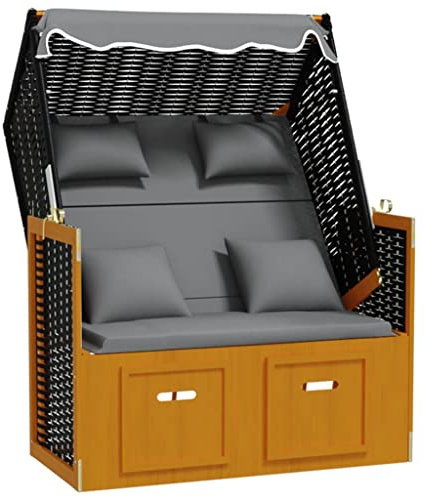 vidaXL Strandkorb mit Kissen Gartenliege Volllieger Sonnenliege Sonneninsel Strandliege Zweisitzer Liege Strand Poly Rattan Massivholz Schwarz Anthrazit