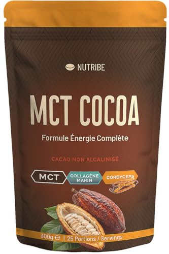 Nutribe MCT Kakao 20% Fett, Collagen Peptide Typ 1 + Cordyceps, lecker, appetitzügler für Keto Diät, Intervallfasten