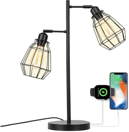 JCPYIUL Schreibtischlampe mit 2 USB-Ladeanschluss Schwarz Metall Tischlampe Industrielle Stehlampe Rustikale Moderne Vintage Arbeitslampe für Schlafzimmer Büro Wohnzimmer