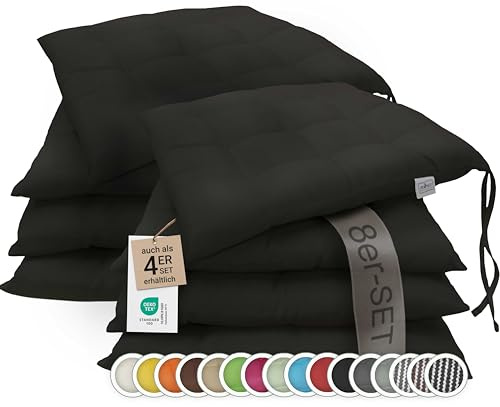 ZOLLNER 8er Set Sitzkissen in 40x40cm - gemütliche Stuhlkissen mit Bindebänder - waschbar bis 30°C - in schwarz - Oeko Tex® Zertifiziert