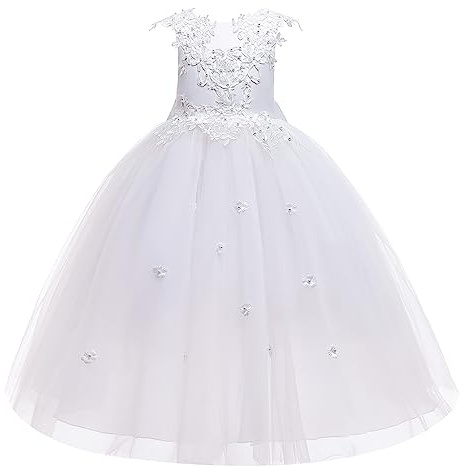 LOLANTA Vestiti Cerimonia Comunione Bambina,Abito Eleganti Bianoco Rosa Blu(8-9 Anni,Bianco,Tag 140)