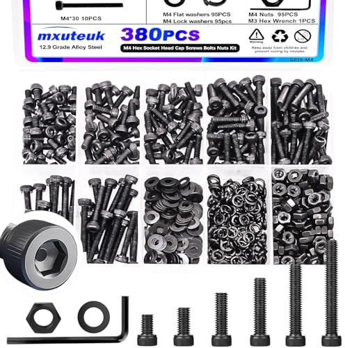 mxuteuk 380PCS M4 Screws Kits,6/8/12/16/20/30mm Metric Hex Socket Head Cap Bolts,12.9 Grade Alloy Steel M4 Bolts with Hex Wrench