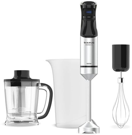 Taurus - Batidora de mano HBA1501X 1500W | Regulador de 20 velocidades ajustable | Función Turbo | Cuchillas de acero inoxidable | Pica hielo | Diseño ergonómico | Vaso medidor 700 ml | Inoxà