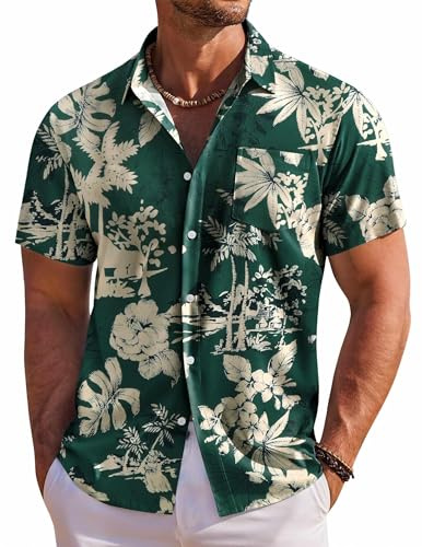 COOFANDY Men's Short Sleeve Button Down Shirts Wrinkle Free Hawaiian Shirts for Men, Green - Palm Tree, Large