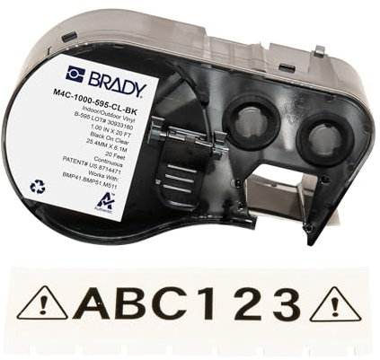 Brady Vinyl-Etikettenband für Etikettendrucker BMP41/BMP51/BMP53/M511 - Klebeetiketten - Schwarz auf Transparent (25,40 mm (B) x 6,10 m (L)) - M4C-1000-595-CL-BK