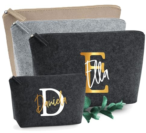 AMBERGER Design by A&M Osterhage Kosmetiktasche Damen Filz Dunkelgrau Bedruckt mit Name & Initial Personalisiert Schminktasche