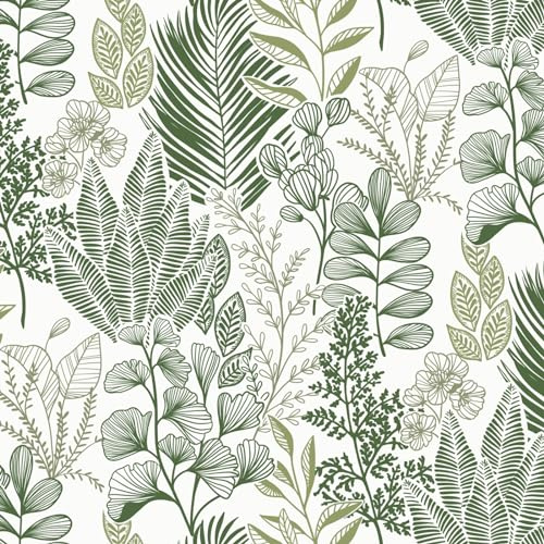 Fiula Green Self Adhesive Wallpaper Peel and Stick Wallpaper Leaf 41x300CM Vinyl Wrap White Furniture Sticker Renter Friendly Wallpaper Removable for Living Room Bedroom Sticky Back Plastic Roll