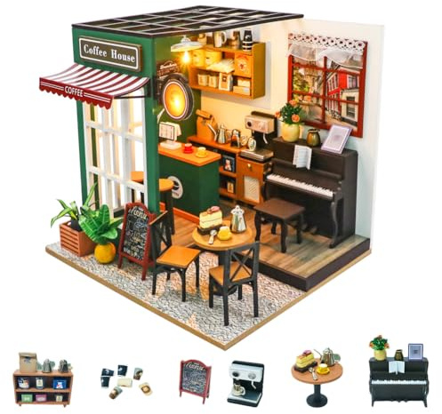 DIY Coffee Shop Puppenhaus Bausatz,Holz Miniatur Cafe Puppenhaus mit Möbeln und LED Lichtern,1:24 Maßstab Mini Cafe Haus Kreatives Zimmer Junge Mädchen Erwachsene Geschenk