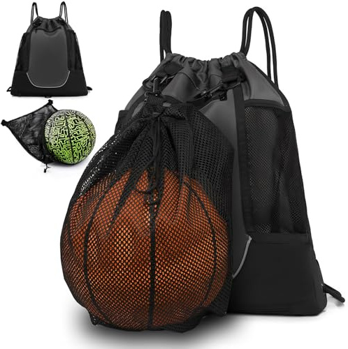 STAY GENT Drawstring Mochila Baloncesto para Niños Jóvenes y Adultos, Gris Foldable Mochila Gimnasio Bolsa de Deporte con Desmontable Bolsa de Malla para Pelotas para Yoga Fútbol Voleibol Béisbol