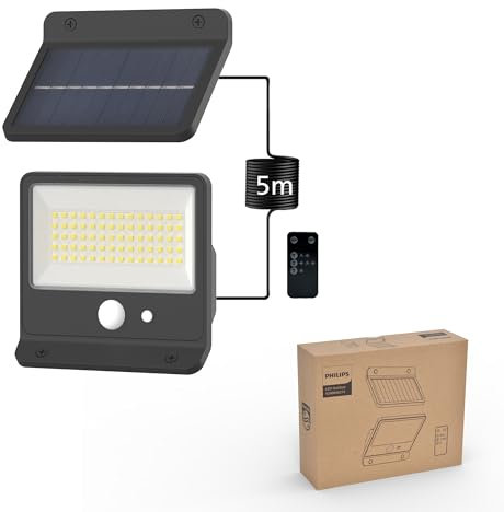 Philips Lampe de sécurité solaire d'extérieur LED 6500K, projecteur mural étanche à énergie solaire avec capteur de mouvement PIR, Télécommande avec câble de 5 mètres, étanche IP65, 3 modes