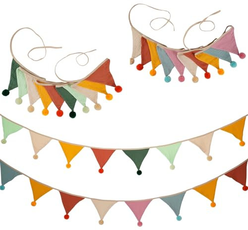 WJWINER 2 Pcs Guirlande de Fanions Double Face en Tissu, Guirlande Fanion, Fanion Tissu, Guirlande Fanion Extérieur, 2,6m, pour Chambres d'enfants, Chambres de Bébé(Couleur Bonbon)