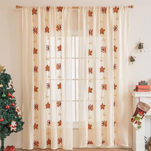 Lukery Beige Transparent Vorhänge Wohnzimmer 2er Set, Weihnachtstag Lang Halbtransparent Gardinen Vorhänge Durchsichtig für Fenster Küche Wohnzimmer Landhaus (140x200cm,Weihnachtsglocken)