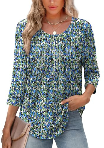 XIEERDUO Womens Tops Dressy Casual Summer 3/4 Length Sleeve Tops Women Blouses Early Spring Fashion Clothing Outfits 2026 Beach Vacation Spring Clothes F-Blue Floral XL