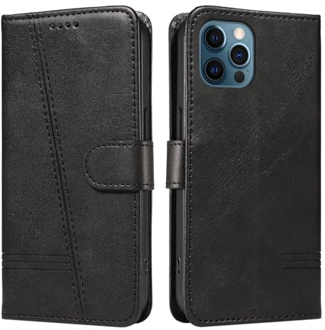 NEXCURIO Handyhülle für Apple iPhone 12 / iPhone 12 Pro Hülle Klappbar mit Kartenfäch Klapphülle Lederhülle Leder Schutzhülle Wallet Flip Case Cover Handy Tasche Handytasche - Schwarz