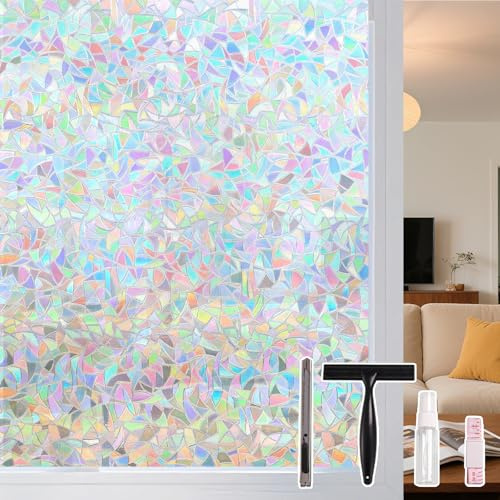 Conkov Fensterfolie Sichtschutzfolie mit Regenbogeneffekt, Elektrostatische Adsorption, Keine Klebeverbindung, Dekorfolie für Wohnzimmer Küche Büro, Halbmond-Backing, 44,5 x 200 cm mit Werkzeug