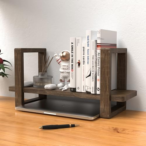 KinShare Small Bookend-Type Desktop Bookshelf – Rustic Handmade Vintage Style, Loose-Fit Reversible Organizer | Easily-Adjustable Desk Shelf for Home, Class, Dorm | Carbonzied Paulownia Solid Wood