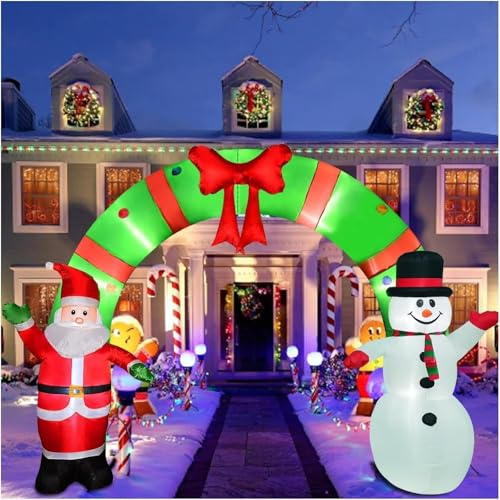 Archway inflable de Navidad de 12 pies iluminado, arco inflable de Papá Noel y muñeco de nieve, decoración navideña para interior y exterior con luces LED incorporadas