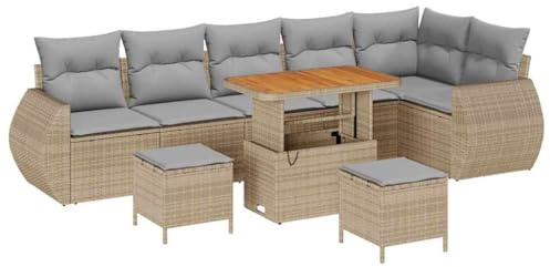 vidaXL 9 Dela Trädgårdsoff Set Med Kuddar Beige Poly Rattan Och Akacia | Bekväm Modern Utomhussoffa Modulär Design Rymmer 6 Perfekt För Balkonger Patios Möbler Fyra Sitsig Seatinglösning