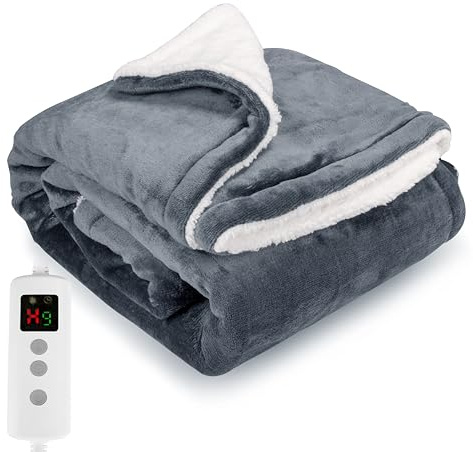 PROALLER Heizdecke 160x130CM, 10 Stufen & 1-9H Timer Auto-Aus, Maschinengängig, Weiches Flanell-Sherpa, Sofasitzkissen Bett Büro Verwendung, Heizdecke mit Abschaltautomatik,Grau
