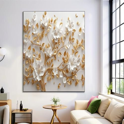 ANALTIRCE Impresiones En Lienzo Para Decoración De Pared, Arte Plantas Abstractas Flores Relieve 3D Pétalos Con Blanco, Para Dormitorio Baño Cocina, 60×90 cm Sin Marco