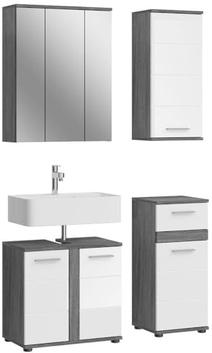 Lomadox Badkombination 4-teilig, in Rauchsilber Nachbildung mit Front in weiß Hochglanz tiefzieh, Höhe 191 cm, Badmöbel-Set, WBU, Waschbeckenunterschrank, Hängeschrank, Badkommode