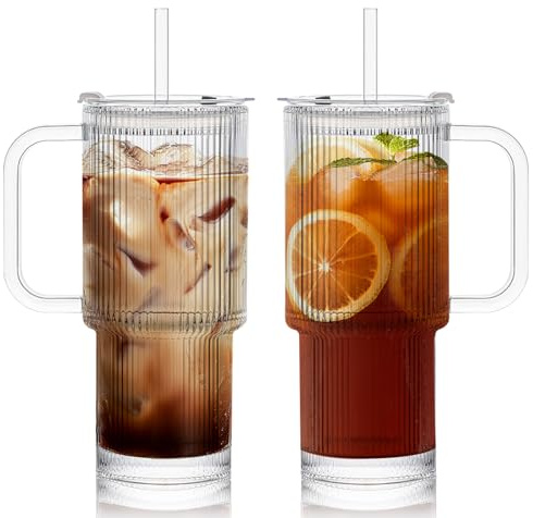 hosck 2 Pack Iced Coffee Cup with Lids, 550ml Clear Glass Tumbler with Straw & Lid, Ribbed Glassware Cups, Dishwasher Safe Drinking Glasses, Stylish Glass Cups for Coffee, Juice, Tea, Matcha