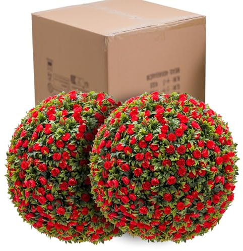 Buchsbaumkugel 2er-Set, 45 cm Dekokugel mit Blumen, UV-beständig Kunstpflanze Dekopflanze mit Kette, Künstliche Pflanze Kugelpflanze für Hochzeit, Buchsbaum Kugel Formschnittball für Haus Balkon - Rot