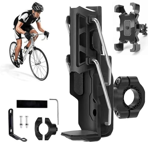 Verstellbarer Fahrrad-Flaschenhalter mit Handyhalterung, 360° drehbarer Becherhalter für Flaschen von 3,2–8 cm Durchmesser, ABS + Edelstahl, passend für Fahrrad/Motorrad/Roller/ATV/Kinderwagen